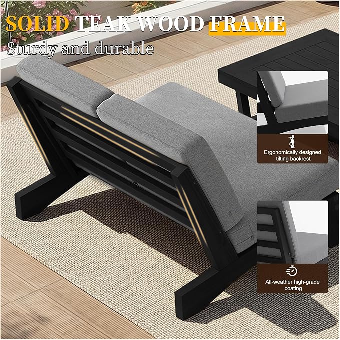 Outdoor Furniture Patio Couch, Weather Resistant Patio Loveseat Sofa Couch with Removable Cushion & Pillows, Black Wood Frame for Porch & Backyard Seating - Grey