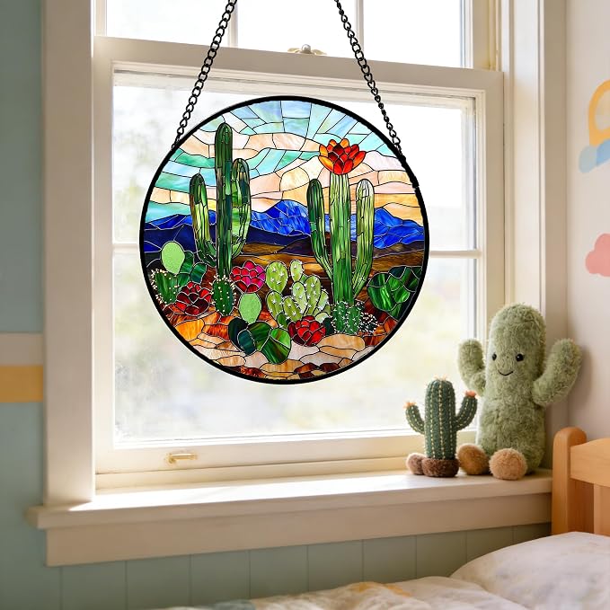 DASTOLL Stained Glass Window Hanging, Green Cactus Suncatcher for Doors Window Home Plant Landscape Sun Catchers Decoration Mother's Day Birthday Gifts for Women, Men, and Mom 7.8 in