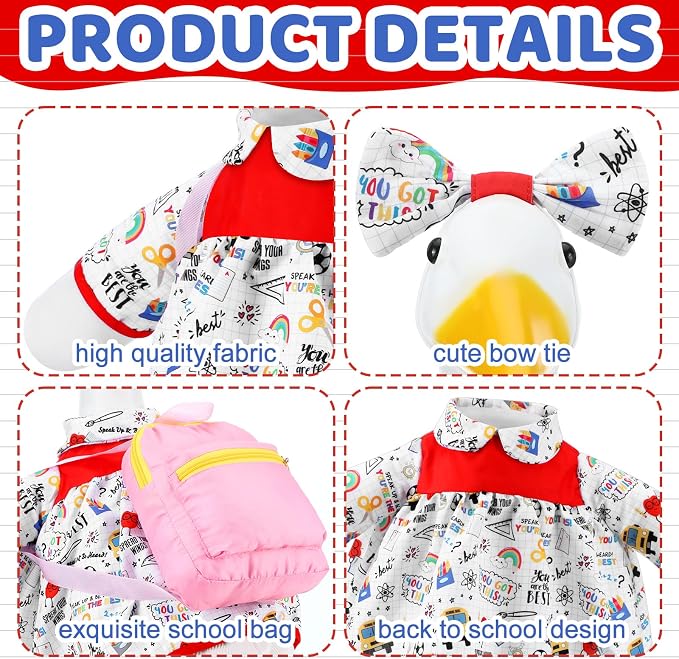 Outus Back to School Porch Goose Outfits Includes Notebook Doodle Dress Bow Headband and Pink Schoolbag First Day of School Classroom Goose Clothing for Outdoor Garden Yard Patio Lawn 23" Statue