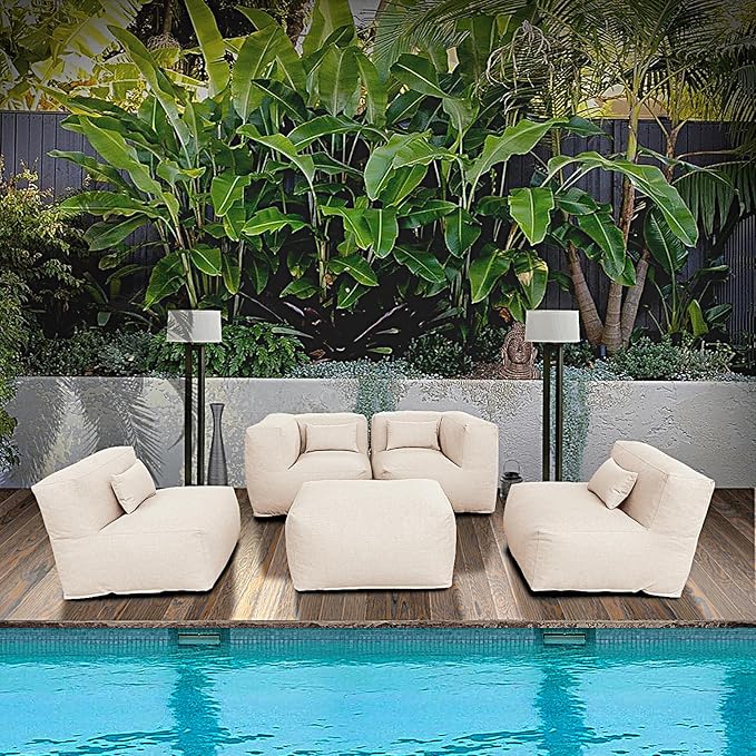 Patio Furniture Set Bean Bag Chairs Calaluna 5PC Outdoor Chairs Sectional Conversation Patio Set Daybed Furniture Outdoor Sofa Couch High Density Foam Filling Modern Comfy Patio Couch (Light Beige)