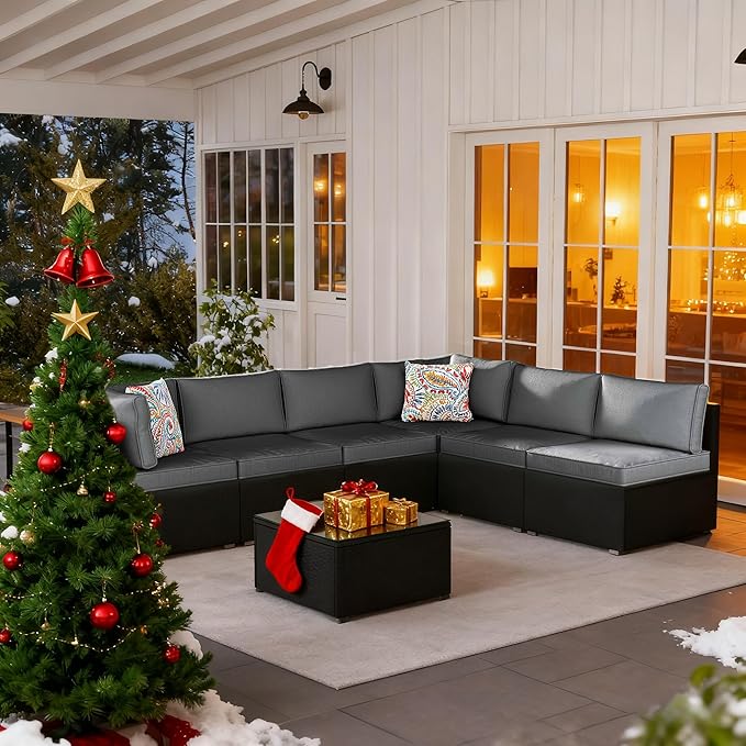 Patio Furniture Set, Outdoor Couch Set—All-Weather Outdoor Furniture Sectional w Water Resistant Thick Cushions, Patio Sofa Set (Deep Gray & Black)