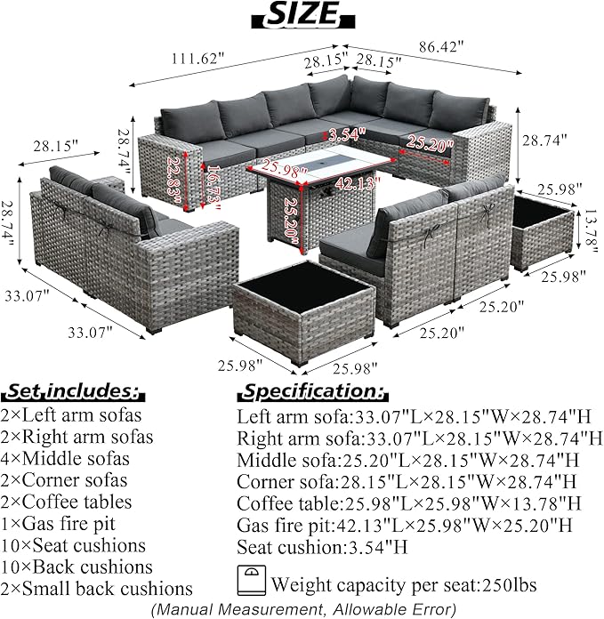 HOOOWOOO Outdoor Patio Sectional Furniture Sofa Set with Propane Fire Pit Table,13 Piece Large Modern Wicker Couch with Widened Armrest,Modular L Shaped Conversation Seating Set(Black)