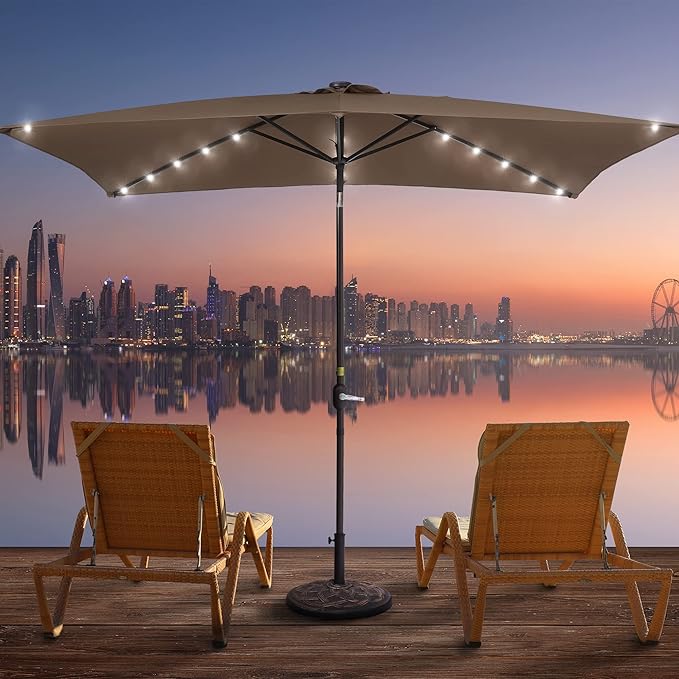 Rectangle Patio Umbrella with Solar Lights, 10 x 6.5ft Rectangular Outdoor Umbrella Table Market Patio Umbrella with Push Button Tilt and Crank for Garden, Deck, Backyard, Pool