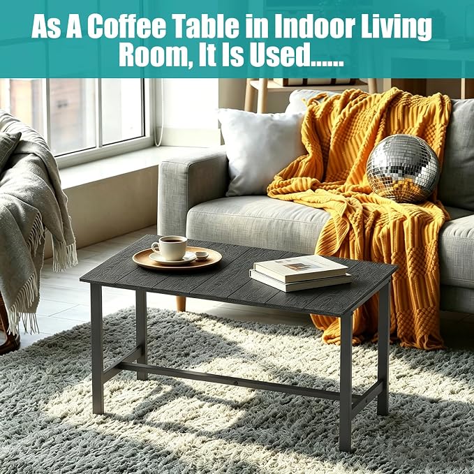 Outdoor Coffee Table, 33.4"L x 17.3"W x 18.1"H Rectangle Weather-Resistant Patio Coffee Table, Metal Heavy-Duty Frame Coffee Side Table, Waterproof for Garden, Porch, Balcony, Deck, Poolside, Black