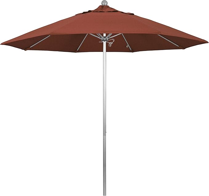 California Umbrella 9' Round Aluminum/Fiberglass Umbrella, Push Open, Silver Pole, Olefin Terracotta Fabric