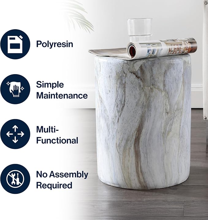 JONATHAN Y Troy Modern 17" Faux Marble Cylinder Accent Table, Round Pedestal End Table and Decorative Indoor Stool for Living Room, Small Minimalist Drum Side Table, Gray and Gold TBL1101B