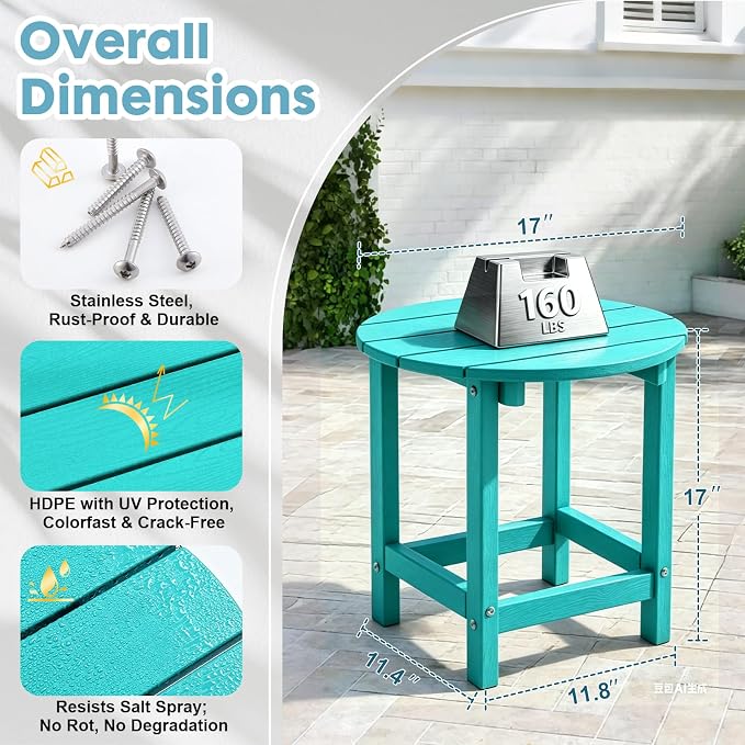 Outdoor Side Table, Adirondack Round 17" Patio Table, Easy Maintenance & Weather Resistant, HDPE End Table for Backyard, Pool, Patio, Porch, Tuoquise