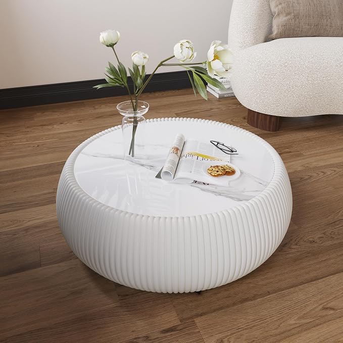 27.55" Round Coffee Table with Marble Top, Luxury Sintered Stone Coffee Table PU Leather Drum Center Tables Circle Cocktail Tea Table for Living Room Apartment No Assembly Cream White