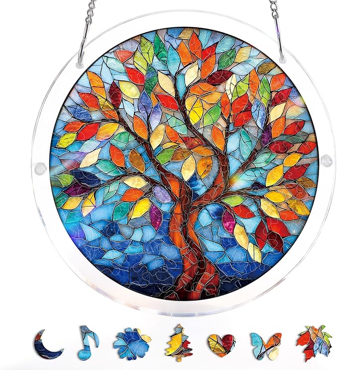 Acrylic Suncatcher Puzzle, Tree of Radiant Glass-7.4 in | DIY Suncatcher Puzzle Kits for Adults, Acrylic Jigsaw Puzzle Suncatcher, Garden&Window Hanging Decor, Unique Gift