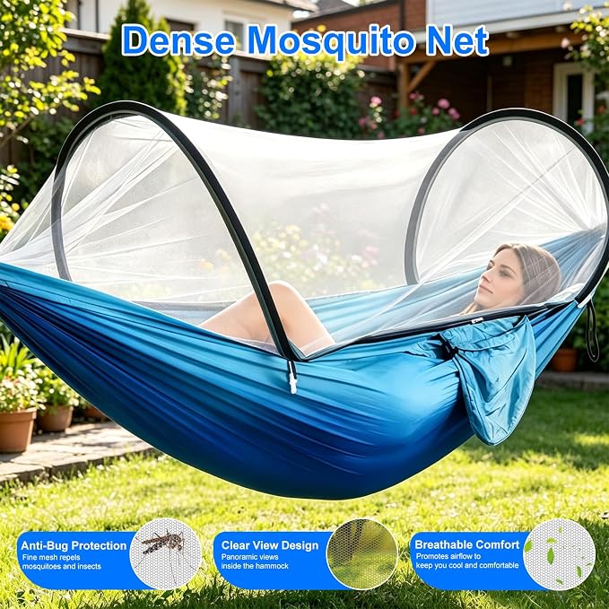 Camping Hammock with Mosquito Net, 3 in 1 Portable Hammock Tent 440lbs Capacity Attached Storage Pocket Single Nylon Hammock Set for Outdoor Travel Camping Hiking Backpacking (RoBlue SkyBlue)