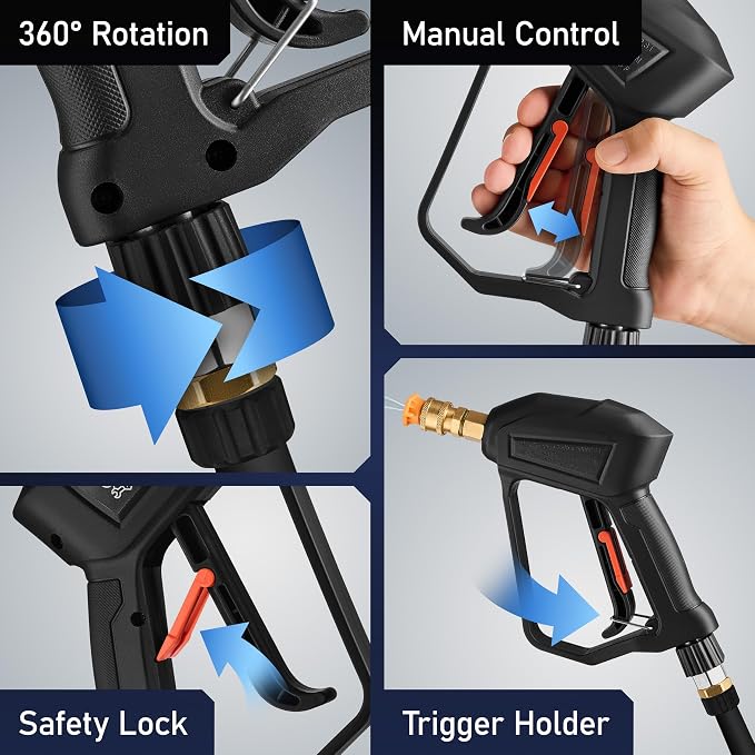 Wild Cricket Tools® Short Pressure Washer Gun 5000 PSI, 3/8" QC & M22-14mm Inlet | 5 Nozzles, 360° Swivel, Lockable Trigger | Fits Electric & Gas Pressure Washers - NOT for Garden Hoses