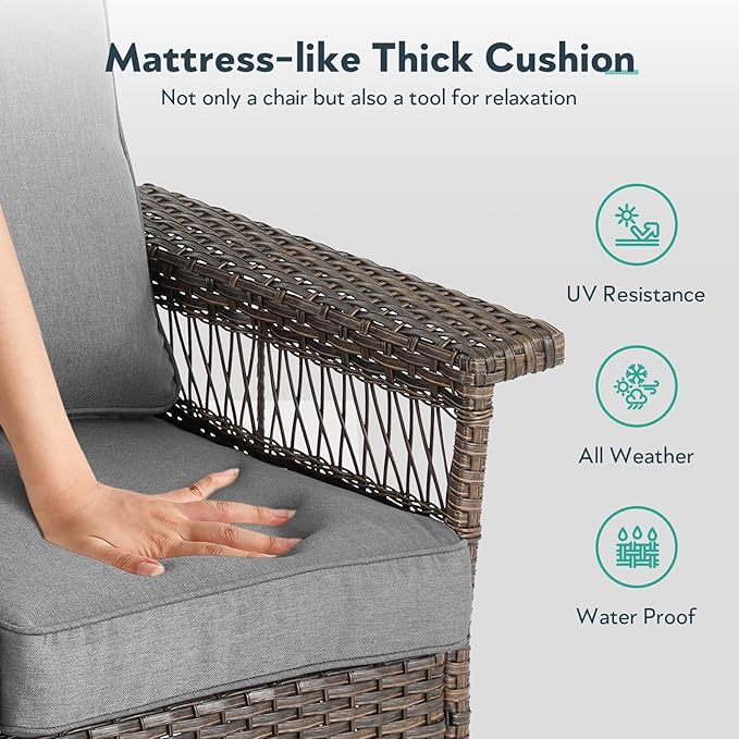 5 Pieces Wicker Patio Furniture Set - Hollow Widen Armrests Outdoor Swivel Glider Chairs with Side Table & Ottomans, Small Patio Conversation Set for Balcony Porch Deck and Yard - Brown/Gray