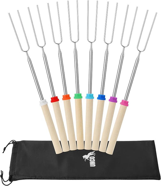 UNCO- Marshmallow Roasting Sticks with Bag, 32”, 8 Pack, Extendable Stainless Steel Smores Sticks for Fire Pit, Smores Skewers, Campfire Cooking Equipment