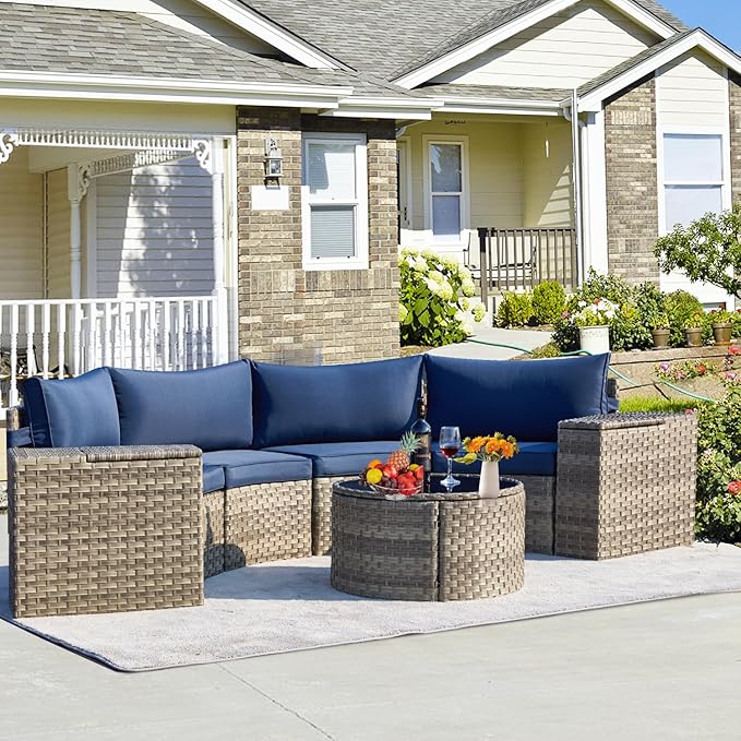 ECOTOUGE Half Moon Patio Furniture Set, 7-Piece All-Weather Wicker Curved Sofa Set, Half Moon Outdoor Couch with High Backs, Fit for Pool Backyard Balcony Garden(Blue)