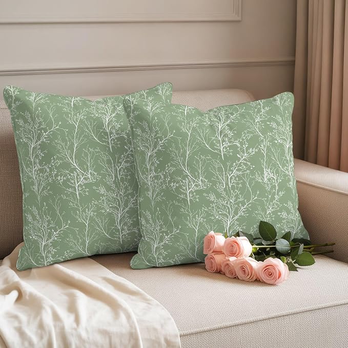 Sage Green Branches Waterproof Outdoor Pillow Covers Set of 2 Home Decor, Abstract Art Leaves Plant Pillowcase Patio Pillow Covers for Couch Bench Patio Furniture Garden 18x18in