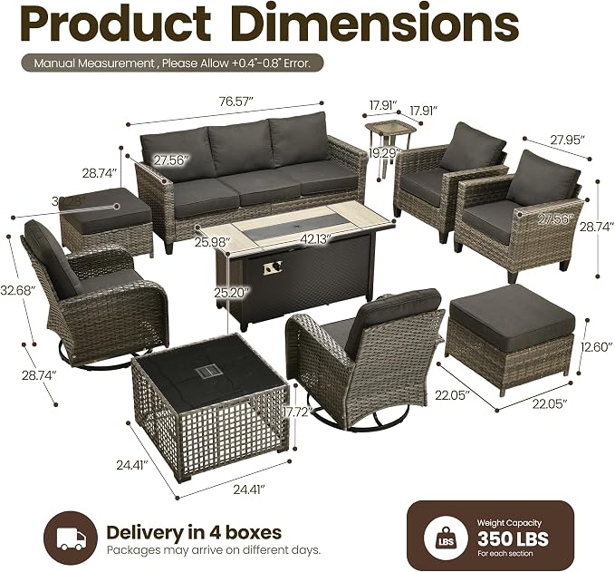 10 Piece Wicker Patio Furniture Set with Firepit, Black | High Back Swivel Rocker Chairs, 54-inch Fire Pit, Outdoor Sofa Ottoman Solar Lights Table, Conversation Sets, Deck Backyard