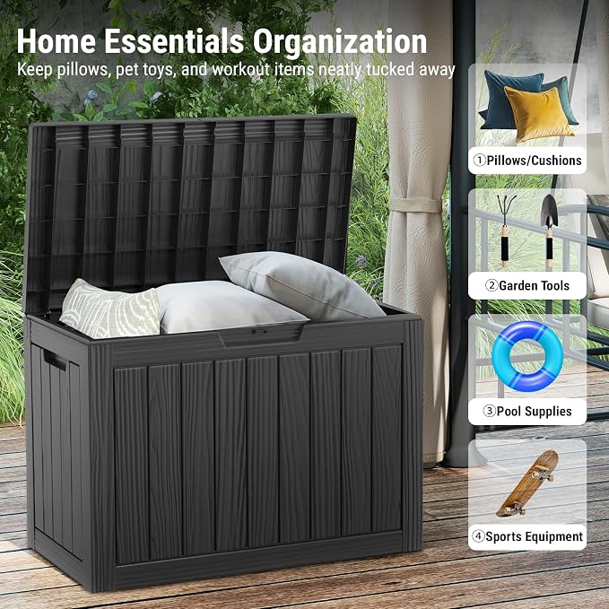 Mars Villa 45 Gallon Outdoor Storage Box, Resin Deck Box Waterproof, Storage Chest for Outside Patio Furniture Cushion, Pool Supply, Garden Tool, UV Resistant and Weatherproof, Black