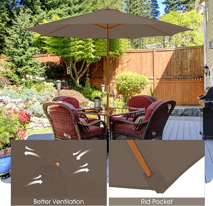 Giantex 10FT Patio Umbrella, Outdoor Table Market Umbrella with 8 Bamboo Ribs, Pulley Lift and Ventilation Hole, Outdoor Sunshade Umbrella for Poolside Backyard Beach
