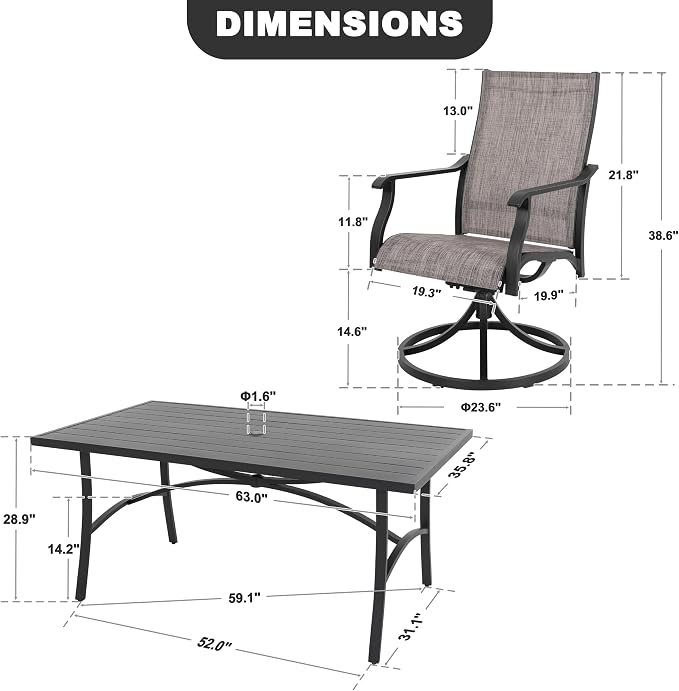 NUU GARDEN Outdoor Dining Set of 6, Aluminum Swivel Chairs, Grayish Brown | Rust-resistant patio set with aluminum tabletop. 6 quick-dry textilene swivel dining chairs with armrests