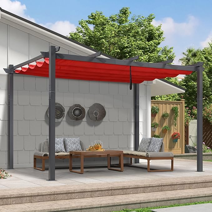 PURPLE LEAF 9.5' X 13' Outdoor Retractable Pergola Against The Wall with Shade Canopy Patio Aluminum Shelter for Porch Garden Pavilion Grill Gazebo Modern Backyard Metal Grape Trellis Pergola, Terra