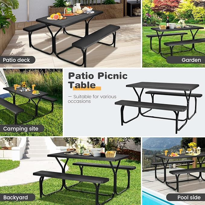 DORTALA Plastic Picnic Table for Outdoors, All Weather Faux Wood Patio Picnic Table Set with Benches for Outdoor, Cafeteria and Commercial, Black