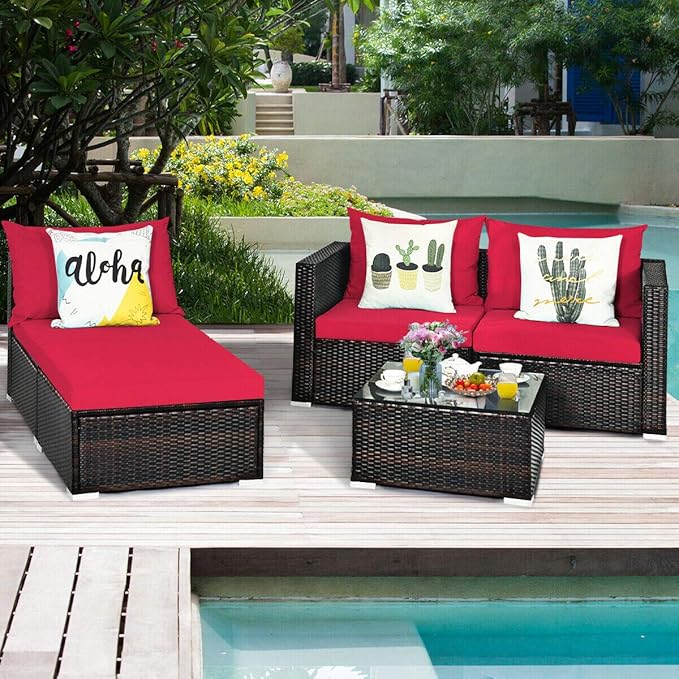 HAPPYGRILL 5PCS Patio Conversation Set Rattan Wicker Sectional Sofa Set with Coffee Table Outdoor Furniture Set with Cushions for Lawn Garden Porch