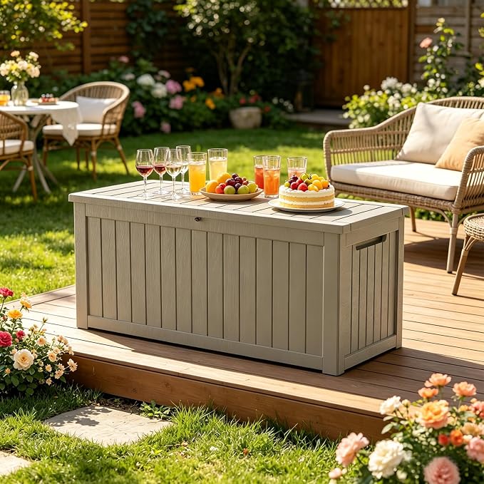 269 Gallon Large Outdoor Storage Box, Waterproof Deck Box with Lockable Lid, Resin Outside Storage Box for Patio Furniture, Pool Accessories, Garden Tools, Storage Bench for Backyard, Porch, Coffee