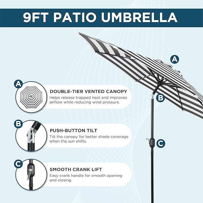 9FT Outdoor Patio Umbrella with Push Button Tilt and Crank, Market Umbrella, 8 Heavy-Duty Ribs, Outdoor Table Umbrella for Garden, Deck, Poolside & Backyard