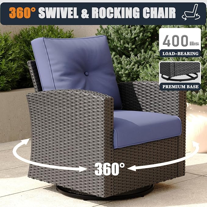 Patio Furniture Set with Fire Pit Table, 9 Pieces Outdoor All-Weather Wicker Conversation Sectional Chair Sofa Set with 2 Swivel Chairs
