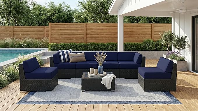 Fully Assembled Ohana 7 Piece Outdoor Patio Furniture with Sunbrella Navy Water Proof 6-inch Rainshield Cushions and Oversized Seats