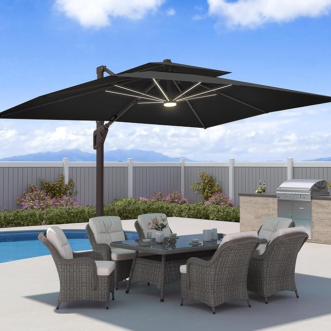 9x12 FT Patio Umbrella with LED Lights Cantilever Outdoor Large Heavy Duty Rectangle Aluminum Offset Umbrellas Double Top 360 Rotation 7 Tilt Adjustment for Pool Deck Garden, Black