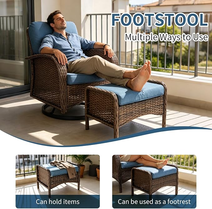 Outdoor Swivel Rocker Patio Chairs (Brown Wicker/Blue Cushion, 7PC/Sofa & Swivel &2 Table & Ottomans)