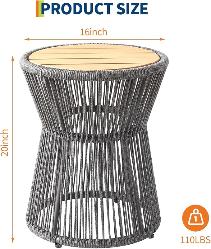 PeakPursuit Outdoor Side Table, Small End Table with Wooden Top, Woven Rope Round Coffee Tables for Patio Balcony Poolside