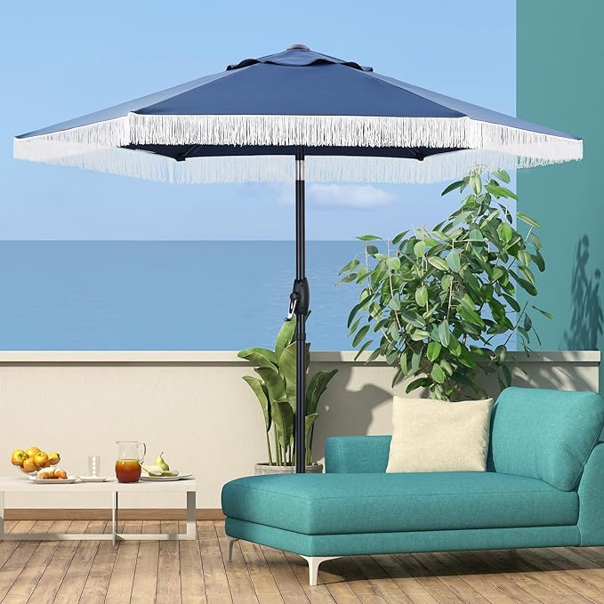 GDY 7.5FT Tassel Patio Umbrella Outdoor Table Umbrella,Market Umbrella with 6 Sturdy Ribs, with Push Button Tilt and Crank for Garden, Lawn, Deck, Backyard & Pool (Dark Blue)
