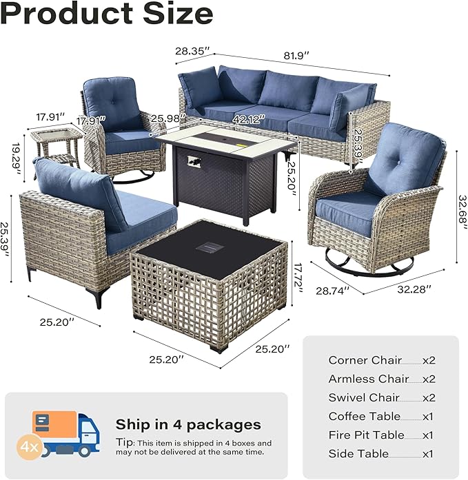 9 Pieces Outdoor Sectional Patio Furniture Set with 42" Fire Pit,Conversation Sets Rattan Wicker L Shaped Couch Swivel Rocking Chairs,Modular Outdoor Sofa for Porch Balcony Backyard Blue