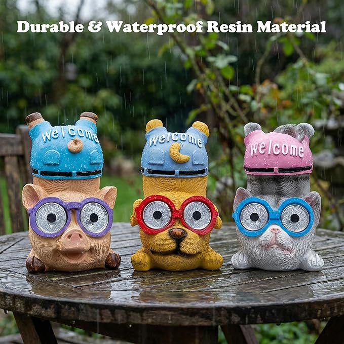 pearlstar 3 Pack Solar Lights Outdoor Garden Statues Resin Animal with Welcome Sign, Cat Dog Pig Solar Figurines LED Lights Waterproof Outside Decor for Patio Yard Lawn Pathway Christmas Ornaments