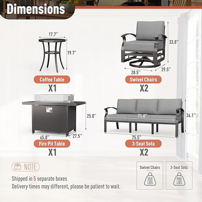 Kurapika Aluminum Patio Furniture Set 8-Seat Modern Metal Outdoor Conversation Sets w/45in Propane Fire Pit Table, Swivel Rocking Chairs Patio Sectional Sofa w/5.1 Inch Cushion, Grey