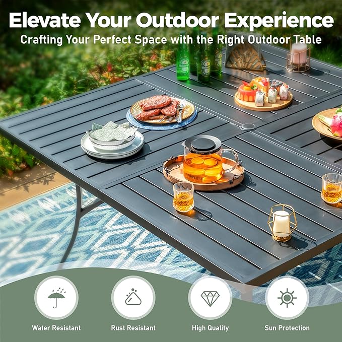 SUNSHINE VALLEY Patio Dining Set for 8, 60" x 60" Square Metal Table with Umbrella Hole, 8 x Stable Dining Chairs, Outdoor Table and Chairs Set for Lawn Backyard and Deck, Red