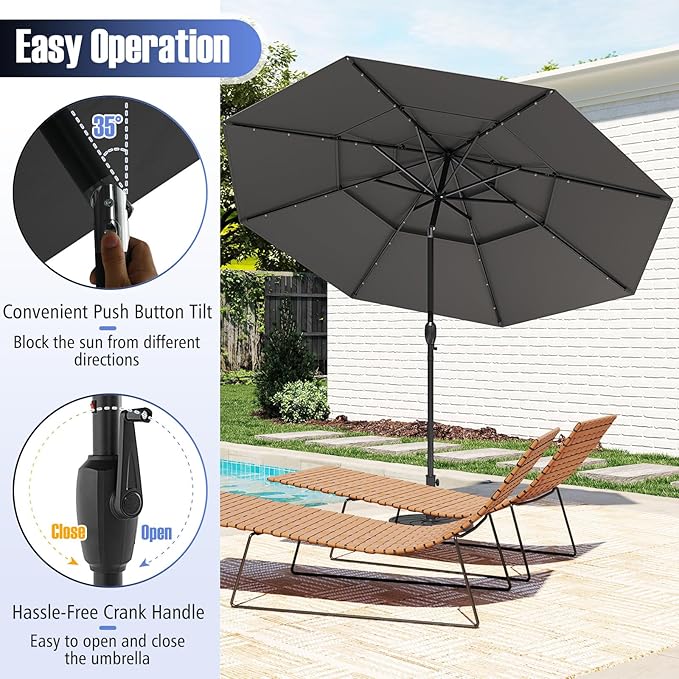 Tangkula 10 FT Solar LED Patio Umbrella, 3-Tier Vented Outdoor Market Table Umbrella with 32 LED Lights, Tilt Adjustment, Crank Handle, 8 Ribs for Backyard Pool Deck (Gray)