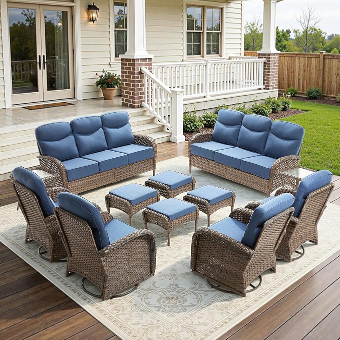 12-Piece Luxury Patio Furniture Set with 6-inch Thick Cushion,Outdoor Wicker Sofa Couch Set of 2 & Swivel Rocker Chairs, Conversation Set for Poolside, Deck & Yard - Blue