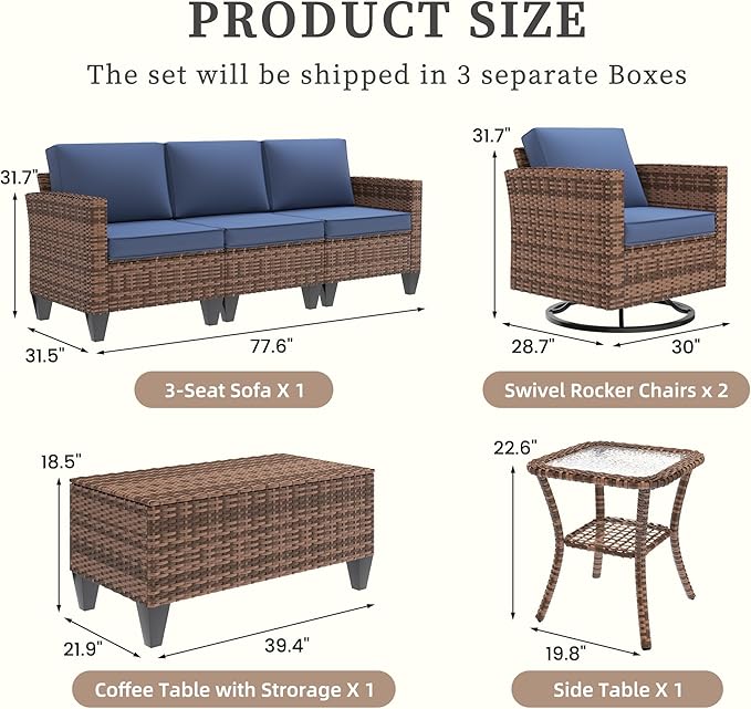 UDPATIO Patio Furniture Set, 5 Pieces Outdoor Conversation Sets with Rocking Swivel Chairs, Wicker Rattan Outdoor Sofa Set with Storage Table and Waterproof Covers for Backyard, Deck, Porch, Navy