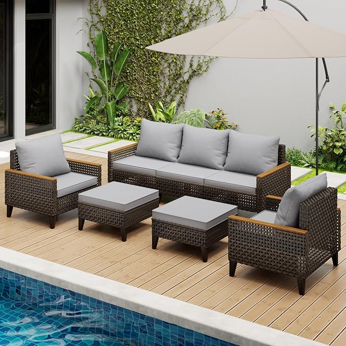 7 Piece Patio Sectional Sofa Furniture Set, All-Weather Wicker Rattan Outdoor Conversation Set with High Back and Thick Cushions, for Garden, Porch, Poolside, Gray
