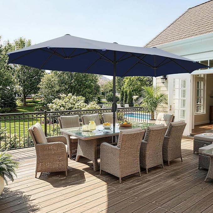 13 ft Patio Umbrella, Large Rectangle Outdoor Umbrella with Strap, Crank, Navy Blue