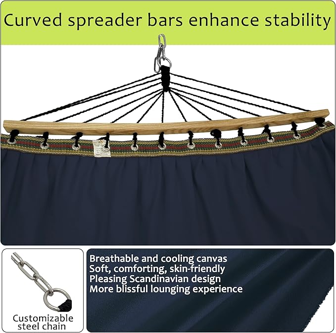 Tranquillo Double Hammock 2 Persons Cotton Canvas 600 lbs Portable Camping Hammock with Solid Curved Wood Spreader Bar Hammock for Camping Trave Outdoor Adventures Indoor Patio Garden, Navy