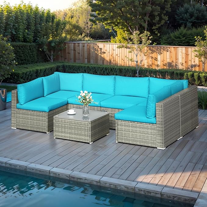RoyalCraft Outdoor 7-Piece Patio Furniture Set, Wicker Patio Conversation Sets with Cushions and Coffee Table, All Weather Outdoor Modular Sectional Sofa for Porch Balcony Backyard Deck, Light Blue