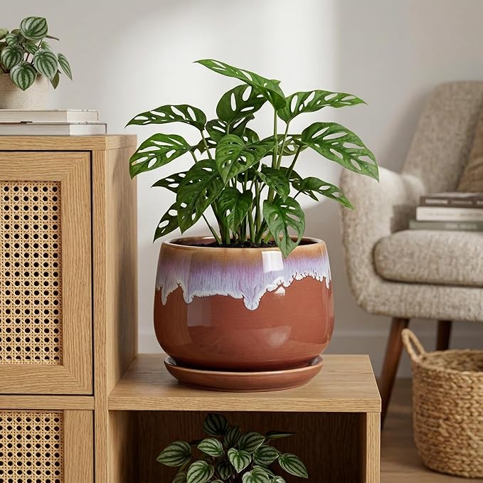 9 Inch Ceramic Planter - Indoor Planters with Drainage and Saucer, Decorative Flower Pot for Indoor Plants, Round Large Plant Pots, Office Patio House Decor, House Warming Gifts, Red-Purple