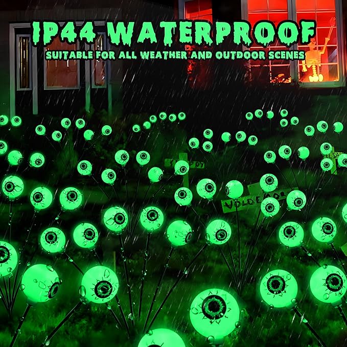 Brizled Solar Halloween Lights, 2 Pack Total 12 LED Green Halloween Eyeball Lights, 2 Modes Outdoor Green Eyeball Light, Swaying Outside Scary Pathway Light Waterproof for Garden Yard Lawn Path Decor