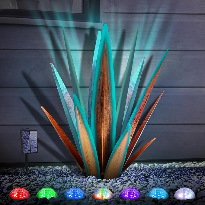 KODIBO 24" Large Metal Agave Plant Outdoor Decor with Solar Light, Blue | Outdoor Solar Light, Multicolor Lamp, Rust-Resistant Metal, Hand-Painted Finish, Tequila Sculpture, Garden Yard Patio Decor