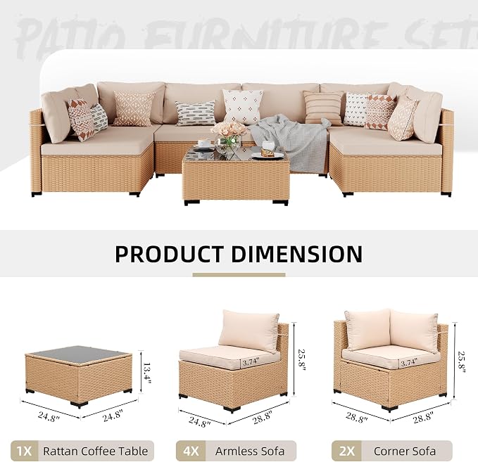 UPHA 7 Pieces Patio Furniture Sets, Wicker Outdoor Sectional Sofa Couch with Coffee Table, Patio Conversation Set for Deck Backyard Garden, Beige Rattan, Beige Cushion