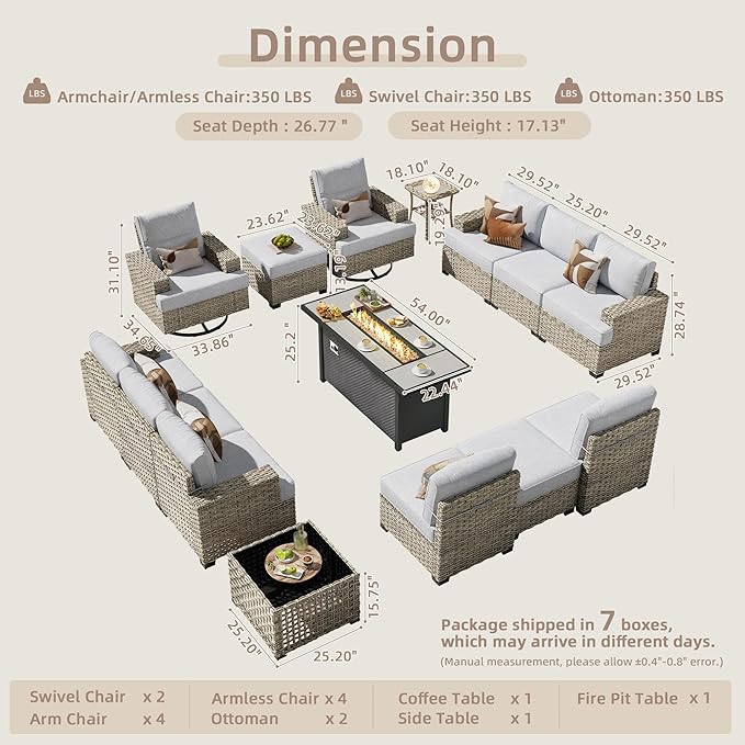 15-Piece Outdoor Sectional Sofa Set w/ 54" Fire Pit – L-Shaped Wicker Patio Furniture, Deep Seating & Swivel Rockers, Grey